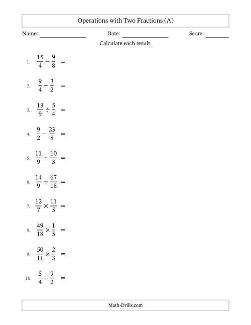 The Operations with Proper and Improper Fractions with Similar Denominators, Mixed Fractions Results and No Simplifying (A) Math Worksheet