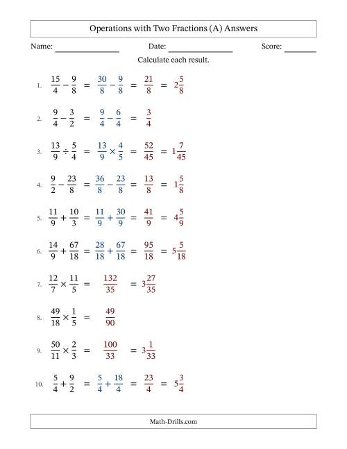 The Operations with Proper and Improper Fractions with Similar Denominators, Mixed Fractions Results and No Simplifying (A) Math Worksheet Page 2