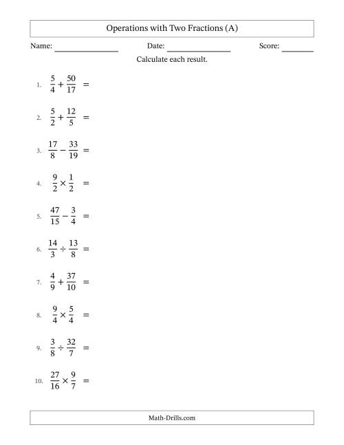 The Operations with Proper and Improper Fractions with Unlike Denominators, Mixed Fractions Results and No Simplifying (A) Math Worksheet