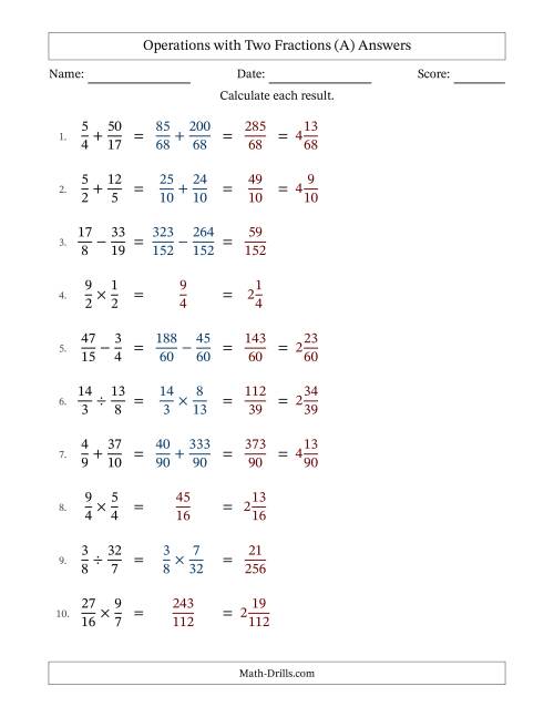 The Operations with Proper and Improper Fractions with Unlike Denominators, Mixed Fractions Results and No Simplifying (A) Math Worksheet Page 2