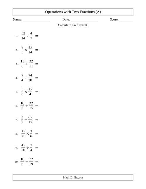 The Operations with Proper and Improper Fractions with Unlike Denominators, Mixed Fractions Results and All Simplifying (A) Math Worksheet