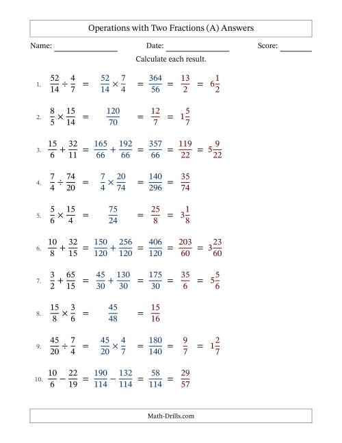The Operations with Proper and Improper Fractions with Unlike Denominators, Mixed Fractions Results and All Simplifying (A) Math Worksheet Page 2