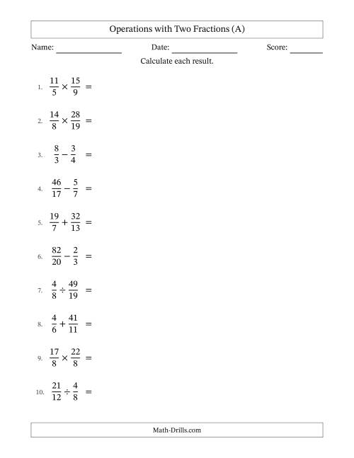 The Operations with Proper and Improper Fractions with Unlike Denominators, Mixed Fractions Results and Some Simplifying (A) Math Worksheet