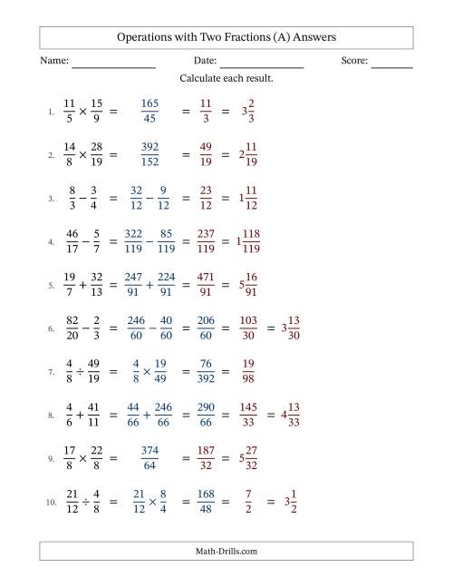 The Operations with Proper and Improper Fractions with Unlike Denominators, Mixed Fractions Results and Some Simplifying (A) Math Worksheet Page 2