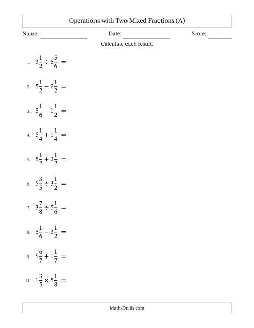 The Operations with Two Mixed Fractions with Equal Denominators, Mixed Fractions Results and All Simplifying (A) Math Worksheet