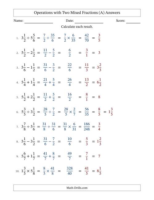 The Operations with Two Mixed Fractions with Equal Denominators, Mixed Fractions Results and All Simplifying (A) Math Worksheet Page 2