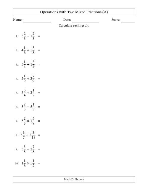 The Operations with Two Mixed Fractions with Equal Denominators, Mixed Fractions Results and Some Simplifying (A) Math Worksheet
