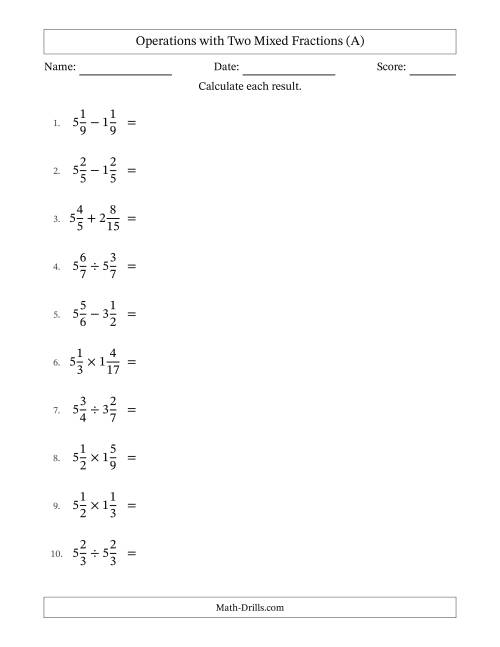 The Operations with Two Mixed Fractions with Similar Denominators, Mixed Fractions Results and All Simplifying (A) Math Worksheet