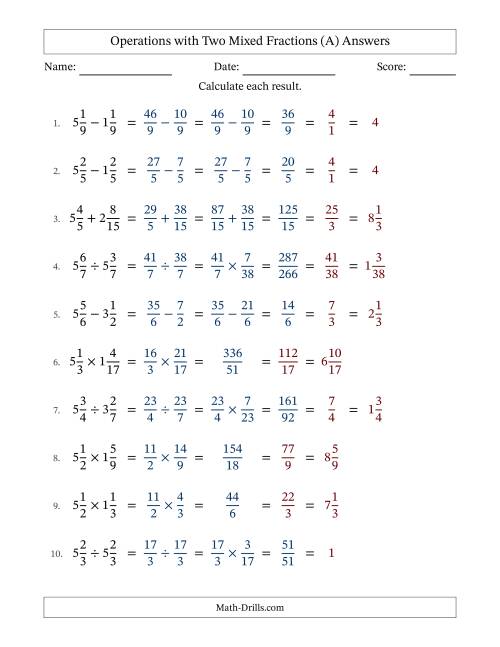 The Operations with Two Mixed Fractions with Similar Denominators, Mixed Fractions Results and All Simplifying (A) Math Worksheet Page 2