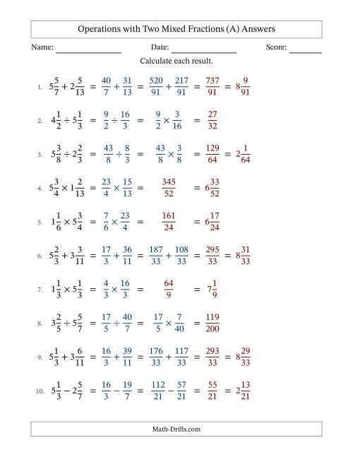 The Operations with Two Mixed Fractions with Unlike Denominators, Mixed Fractions Results and No Simplifying (A) Math Worksheet Page 2