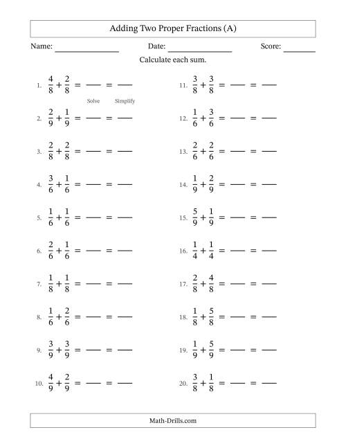 The Adding Two Proper Fractions with Equal Denominators, Proper Fractions Results and All Simplifying (Fillable) (A) Math Worksheet
