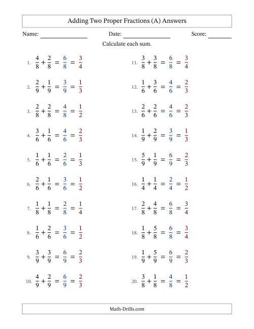 The Adding Two Proper Fractions with Equal Denominators, Proper Fractions Results and All Simplifying (Fillable) (A) Math Worksheet Page 2