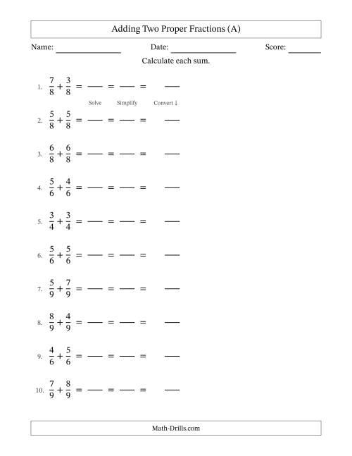 The Adding Two Proper Fractions with Equal Denominators, Mixed Fractions Results and All Simplifying (Fillable) (A) Math Worksheet