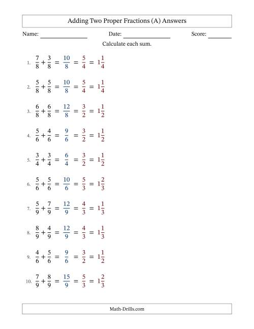 The Adding Two Proper Fractions with Equal Denominators, Mixed Fractions Results and All Simplifying (Fillable) (A) Math Worksheet Page 2