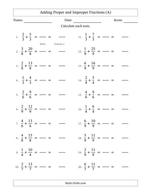 The Adding Proper and Improper Fractions with Equal Denominators, Mixed Fractions Results and No Simplifying (Fillable) (A) Math Worksheet