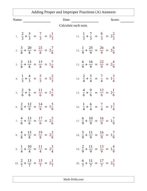 The Adding Proper and Improper Fractions with Equal Denominators, Mixed Fractions Results and No Simplifying (Fillable) (A) Math Worksheet Page 2