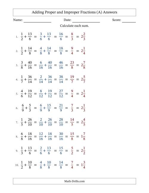 The Adding Proper and Improper Fractions with Similar Denominators, Mixed Fractions Results and All Simplifying (Fillable) (A) Math Worksheet Page 2