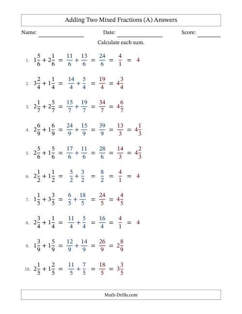 The Adding Two Mixed Fractions with Equal Denominators, Mixed Fractions Results and Some Simplifying (Fillable) (A) Math Worksheet Page 2