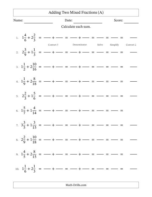 The Adding Two Mixed Fractions with Similar Denominators, Mixed Fractions Results and All Simplifying (Fillable) (A) Math Worksheet