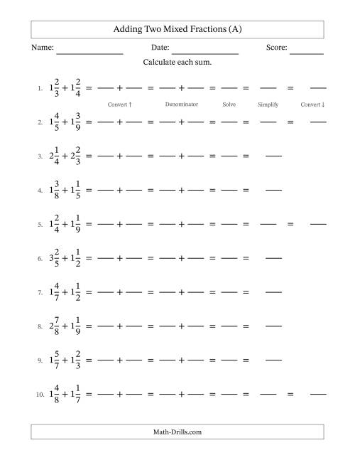 The Adding Two Mixed Fractions with Unlike Denominators, Mixed Fractions Results and Some Simplifying (Fillable) (A) Math Worksheet