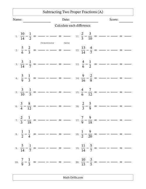 The Subtracting Two Proper Fractions with Similar Denominators, Proper Fractions Results and No Simplifying (Fillable) (A) Math Worksheet