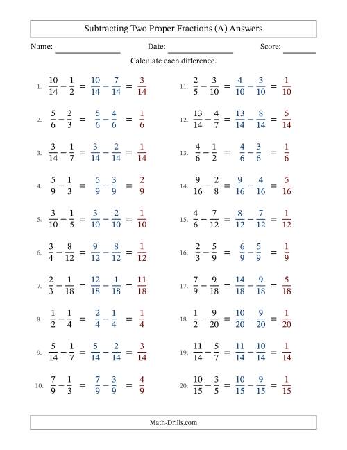 The Subtracting Two Proper Fractions with Similar Denominators, Proper Fractions Results and No Simplifying (Fillable) (A) Math Worksheet Page 2