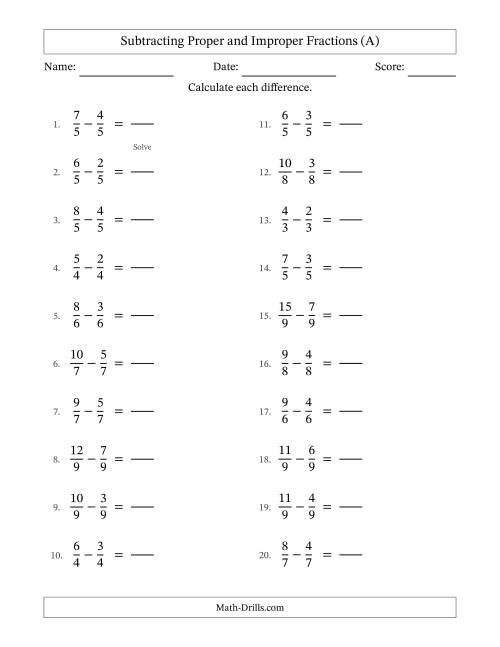 The Subtracting Proper and Improper Fractions with Equal Denominators, Proper Fractions Results and No Simplifying (Fillable) (A) Math Worksheet