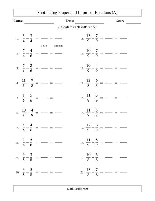 The Subtracting Proper and Improper Fractions with Equal Denominators, Proper Fractions Results and All Simplifying (Fillable) (A) Math Worksheet