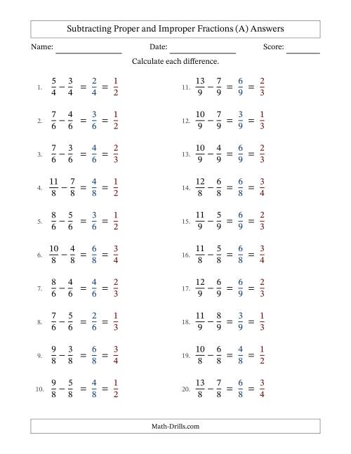 The Subtracting Proper and Improper Fractions with Equal Denominators, Proper Fractions Results and All Simplifying (Fillable) (A) Math Worksheet Page 2