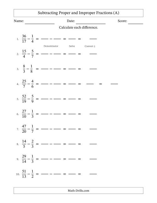 The Subtracting Proper and Improper Fractions with Unlike Denominators, Mixed Fractions Results and No Simplifying (Fillable) (A) Math Worksheet