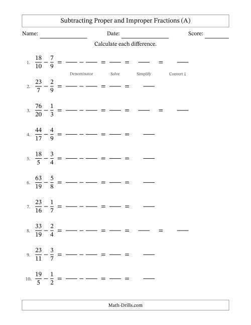 The Subtracting Proper and Improper Fractions with Unlike Denominators, Mixed Fractions Results and All Simplifying (Fillable) (A) Math Worksheet