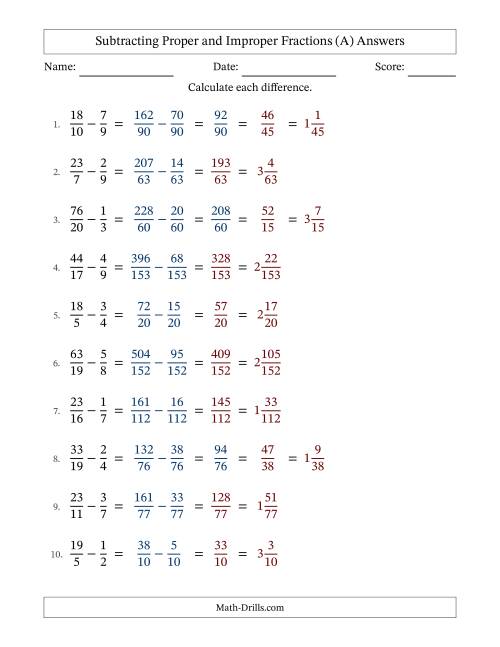 The Subtracting Proper and Improper Fractions with Unlike Denominators, Mixed Fractions Results and All Simplifying (Fillable) (A) Math Worksheet Page 2