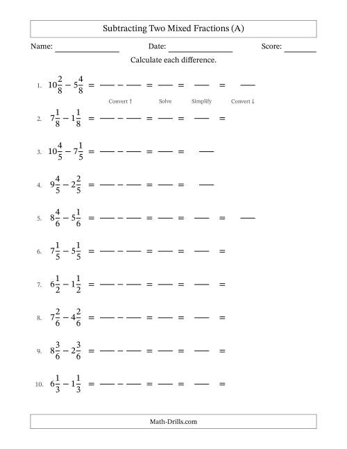 The Subtracting Two Mixed Fractions with Equal Denominators, Mixed Fractions Results and Some Simplifying (Fillable) (A) Math Worksheet