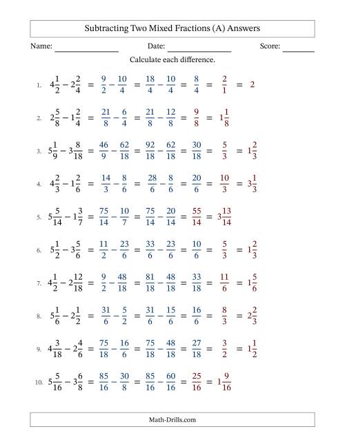 The Subtracting Two Mixed Fractions with Similar Denominators, Mixed Fractions Results and Some Simplifying (Fillable) (A) Math Worksheet Page 2
