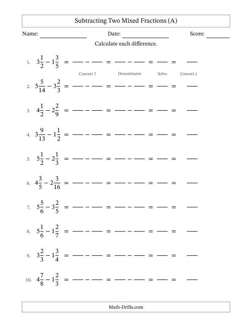 The Subtracting Two Mixed Fractions with Unlike Denominators, Mixed Fractions Results and No Simplifying (Fillable) (A) Math Worksheet