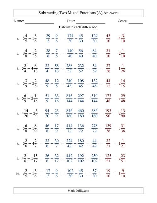 The Subtracting Two Mixed Fractions with Unlike Denominators, Mixed Fractions Results and All Simplifying (Fillable) (A) Math Worksheet Page 2