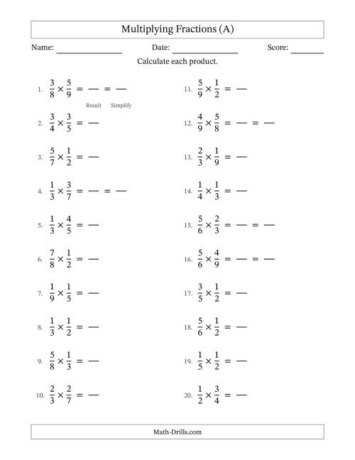 The Multiplying Two Proper Fractions with Some Simplification (Fillable) (A) Math Worksheet