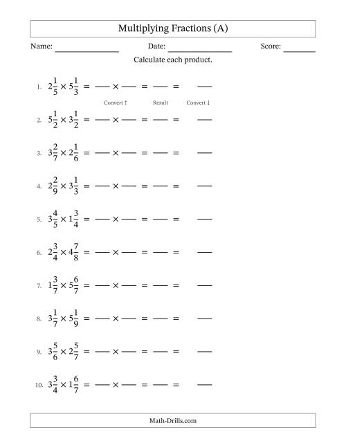 The Multiplying Two Mixed Fractions with No Simplification (Fillable) (A) Math Worksheet