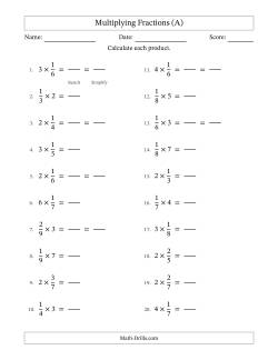 Multiplying Proper Fractions and Whole Numbers with Some Simplification (Fillable)