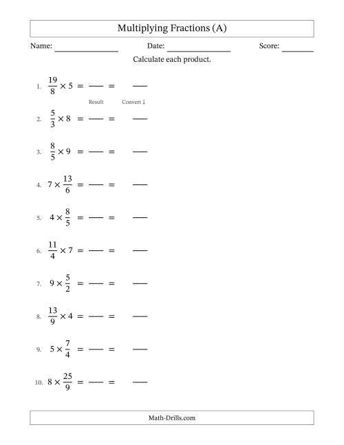 The Multiplying Improper Fractions and Whole Numbers with No Simplification (Fillable) (A) Math Worksheet