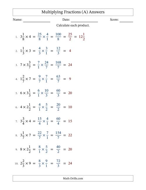 The Multiplying Mixed Fractions and Whole Numbers with All Simplification (Fillable) (A) Math Worksheet Page 2