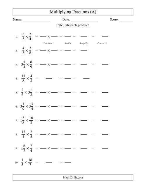 The Multiplying Proper, Improper and Mixed Fractions with All Simplification (Fillable) (A) Math Worksheet