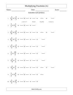 Multiplying Proper, Improper and Mixed Fractions with Some Simplification (Fillable)