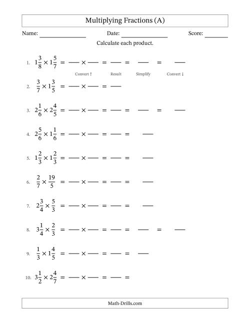 The Multiplying Proper, Improper and Mixed Fractions with Some Simplification (Fillable) (A) Math Worksheet