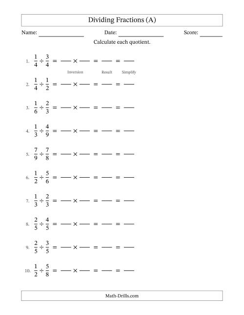 The Dividing Two Proper Fractions with All Simplification (Fillable) (A) Math Worksheet