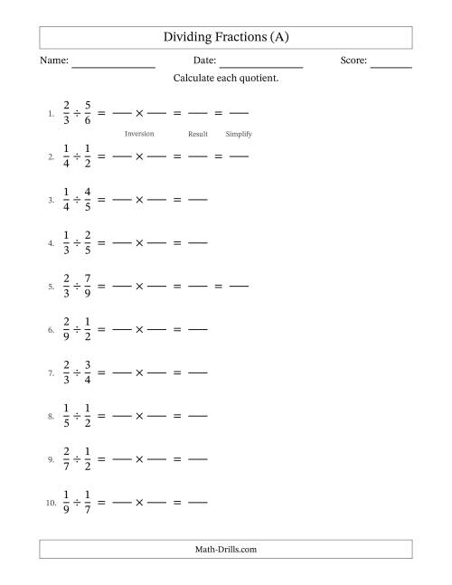 The Dividing Two Proper Fractions with Some Simplification (Fillable) (A) Math Worksheet
