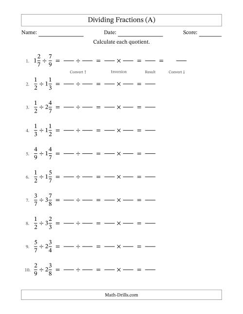 The Dividing Proper and Mixed Fractions with No Simplification (Fillable) (A) Math Worksheet