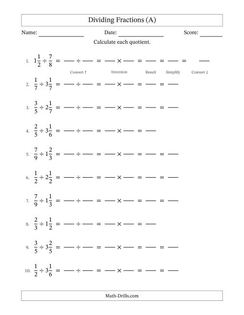 The Dividing Proper and Mixed Fractions with Some Simplification (Fillable) (A) Math Worksheet