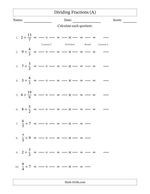 The Dividing Improper Fractions and Whole Numbers with No Simplification (Fillable) (A) Math Worksheet