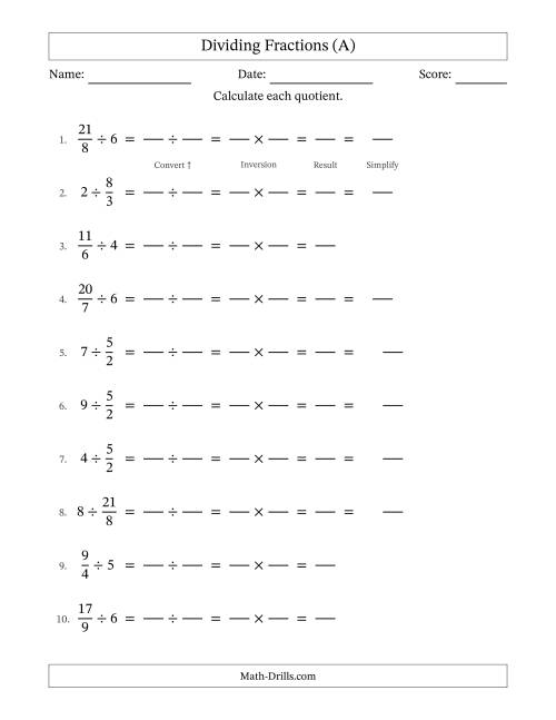 The Dividing Improper Fractions and Whole Numbers with Some Simplification (Fillable) (A) Math Worksheet